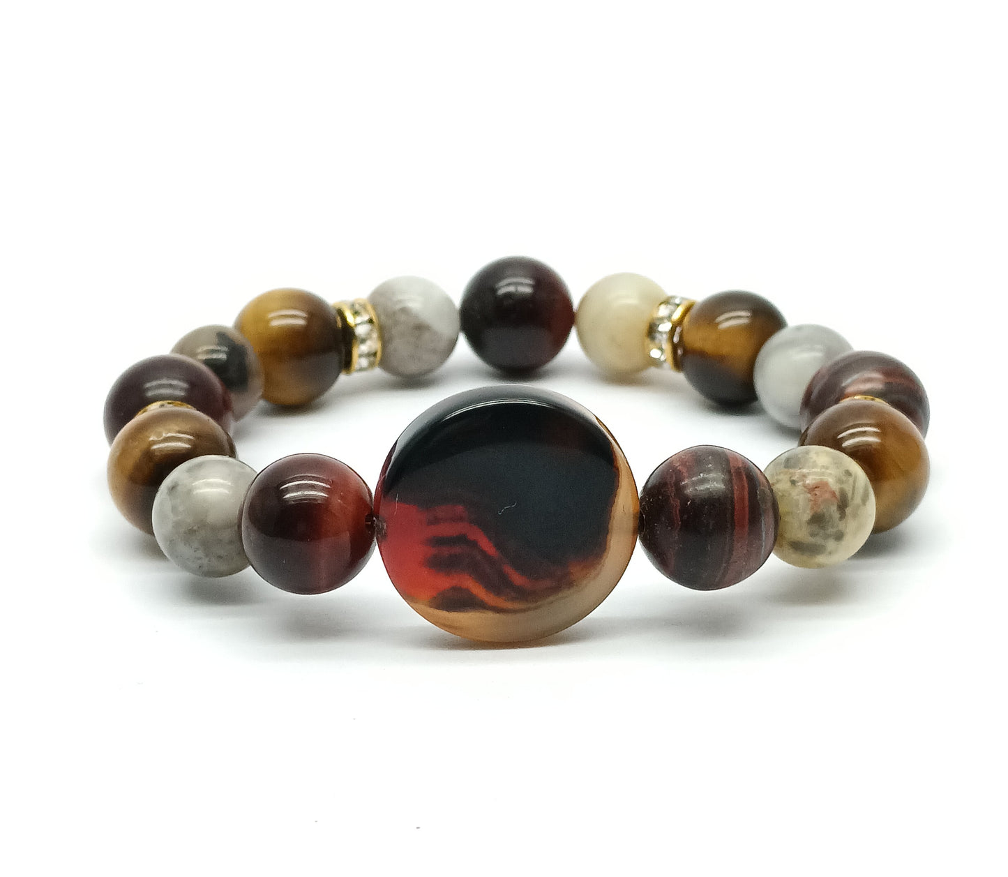 Lava| Sardonyx, Crazy Lace Agate, Red Tiger's Eye Stretch Bracelet