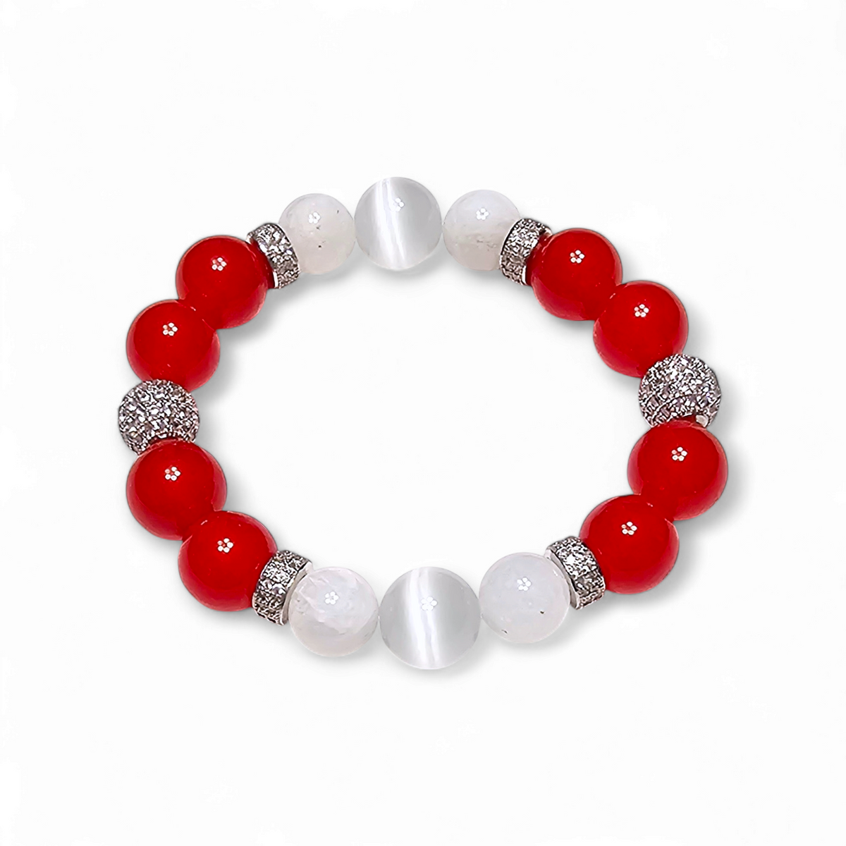 Candy Cane | Red Jade, White Moonstone & White Cat’s Eye Stretch Bracelet