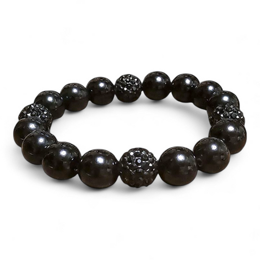 Black Star| Onyx, Black Cat's Eye & Black Shambala Bead Stretch Bracelet
